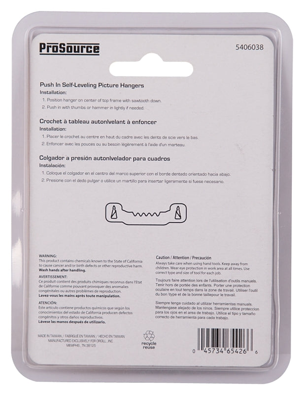 ProSource PH-121126-PS Picture Hanger, 4.5 lb, Steel, Zinc, Zinc, Nail-In Mounting