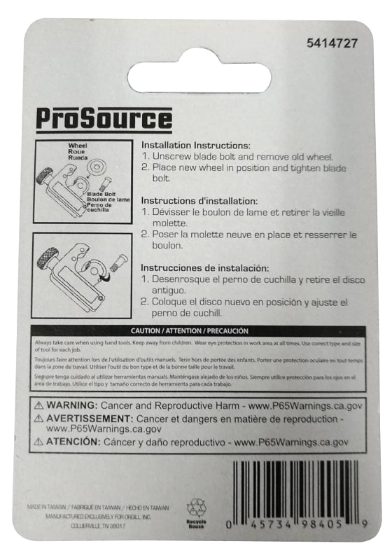 ProSource RP-04-3L Tube Cutter Wheel, 0.7 in Dia, 2.9 mm Thick, Steel, Black