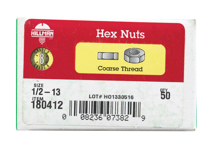 HILLMAN 1/2 in. Zinc Dichromate Steel USS Hex Nut 50 pk