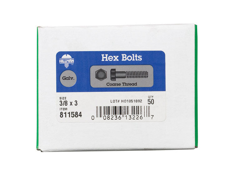 HILLMAN 3/8 in. D X 3 in. L Hot Dipped Galvanized Steel Hex Bolt 50 pk