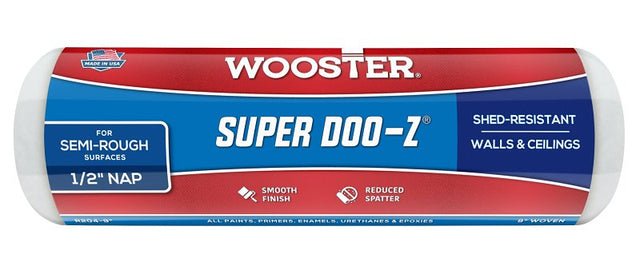 Wooster SUPER DOO-Z R204-9 Roller Cover, 1/2 in Thick Nap, 9 in L, Fabric Cover, White