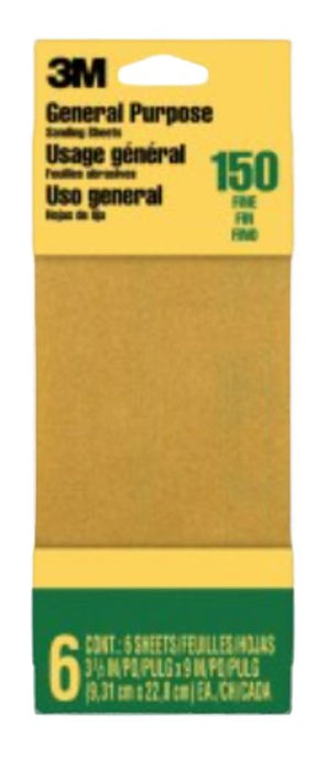 3M 9015 Sandpaper Sheet, 9 in L, 3.66 in W, Fine, 150 Grit, Aluminum Oxide Abrasive, Paper Backing