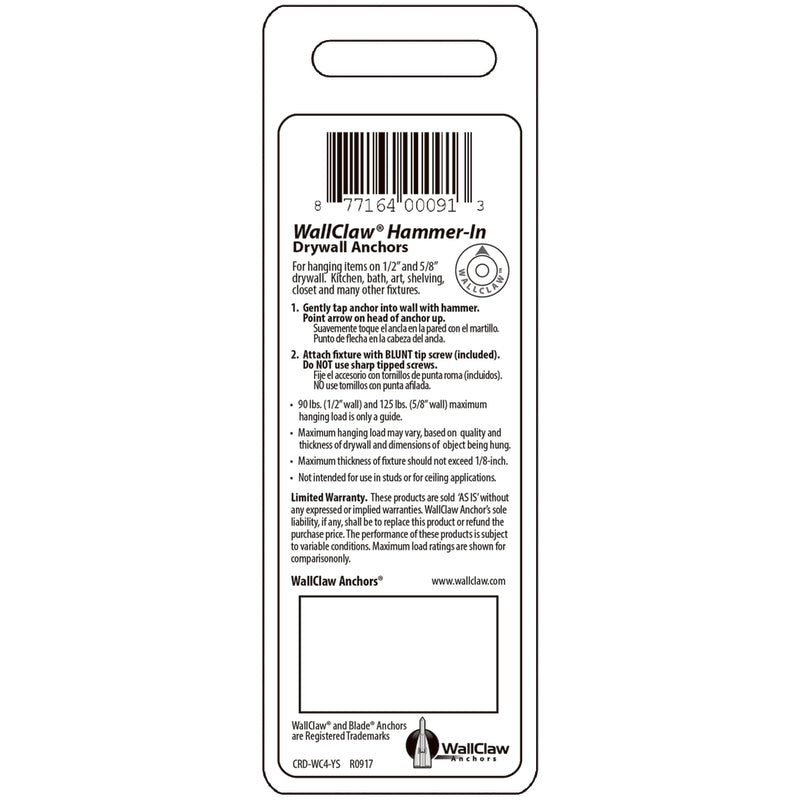 WallClaw Anchors .25 in. D X 2 in. L Plastic/Steel Pan Head Wallboard Anchors 4 pk