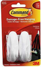Command 17081 Medium Designer Hook, 3-1/8 in L x 1-1/8 in W x 1-1/8 in H Dimensions, 5/8 in Opening, 3 lb, 2-Hook, 2/PK, Pack of 6