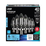 Feit Electric CTC40/950CA/FIL/6 LED Bulb, Decorative, 300 Lumens, 3.3 W, B10 Lamp, 40 W Equivalent, E12 Lamp Base, Clear