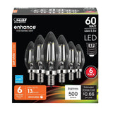 Feit Electric CTC60/927CA/FIL/6 LED Bulb, Decorative, 60 W Equivalent, E12 Lamp Base, Dimmable, Clear, Soft White Light