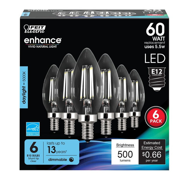 Feit Electric CTC60/950CA/FIL/6 LED Bulb, Decorative, 500 Lumens, 5.5 W, B10 Lamp, 60 W Equivalent, E12 Lamp Base, Clear