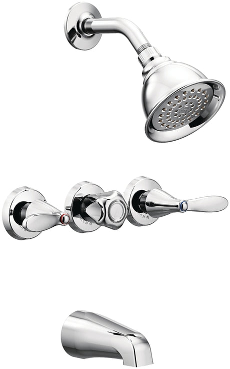 Moen Adler Series 82663 Tub and Shower Faucet, 1.75 gpm Showerhead, Diverter Tub Spout, 3-Handle, Metal, Chrome-Plated
