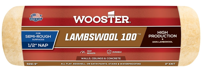 Wooster Lambswool 100 R291-9 Roller Cover, 1/2 in Thick Nap, 9 in L, Fabric/Lambs Wool Cover, Buff