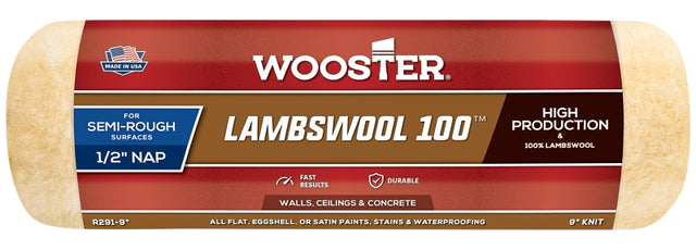 Wooster Lambswool 100 R291-9 Roller Cover, 1/2 in Thick Nap, 9 in L, Fabric/Lambs Wool Cover, Buff