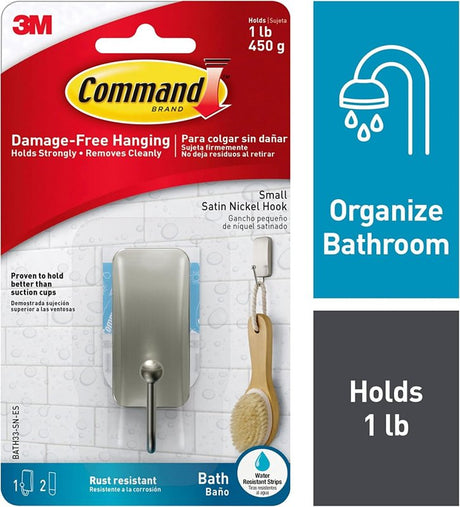 Command BATH33-SN-ES Small Bath Hook, 1 lb, 1-Hook, Metal/Plastic, Gray, Satin Nickel
