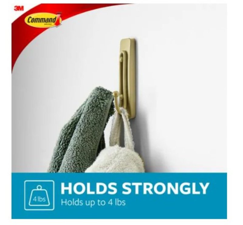 Command BATH36-BR-2ESF Large Bath Hook, 4 lb, 2-Hook, Metal, Satin Brass