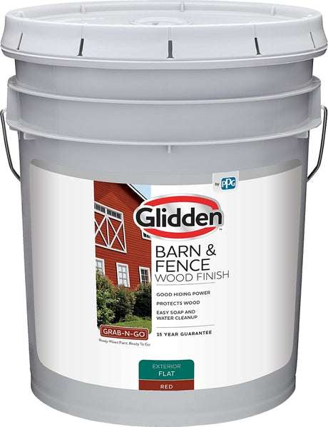 Glidden GLBFEX10RE05 Barn and Fence Paint, Acrylic, Flat, Red, 5 gal, 400 sq-ft/gal Coverage Area