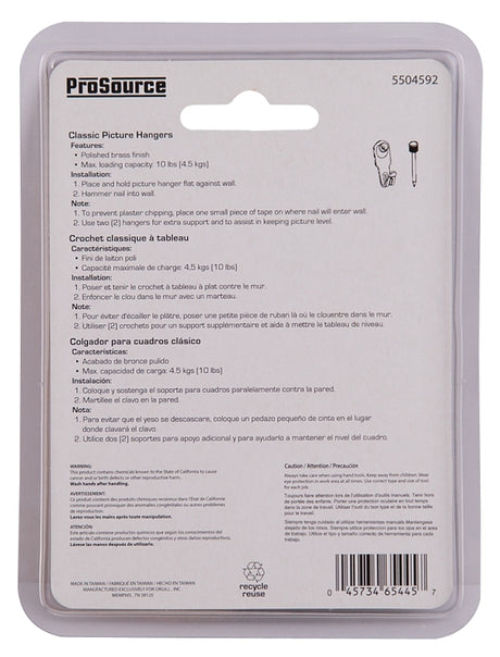 ProSource PH-122266-PS Picture Hanger, 10 lb, Steel, Polished Brass, Brass, Nail-In Mounting