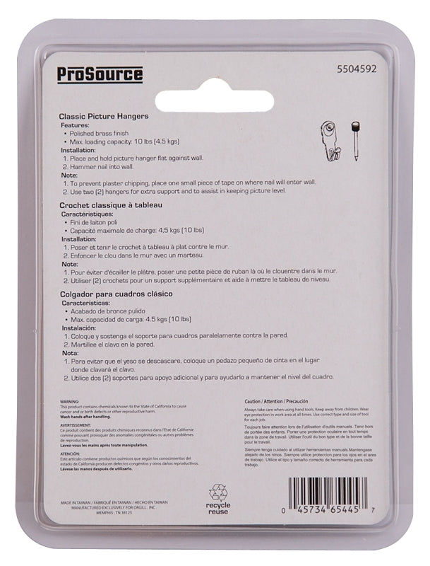 ProSource PH-122266-PS Picture Hanger, 10 lb, Steel, Polished Brass, Brass, Nail-In Mounting