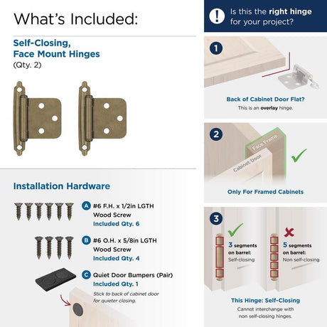 Amerock 1-3/4 in. W X 2-3/4 in. L Burnished Brass Steel Self-Closing Hinge 2 pk