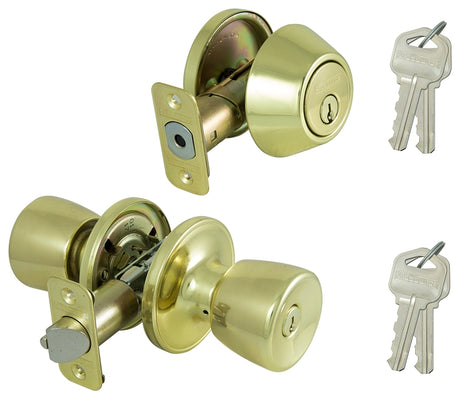 ProSource BS721BRA4B Deadbolt and Entry Lockset, Turnbutton Lock, Tulip Design, Polished Brass, 3 Grade, Brass, Pack of 2