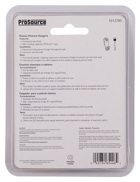 ProSource PH-122268-PS Picture Hanger, 20 lb, Steel, Polished Brass, Brass, Nail-In Mounting