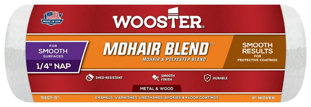 Wooster Mohair Blend R207-9 Roller Cover, 1/4 in Thick Nap, 9 in L, Fabric Cover, White