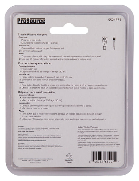 ProSource PH-122270-PS Picture Hanger, 30 lb, Steel, Polished Brass, Brass, Nail-In Mounting