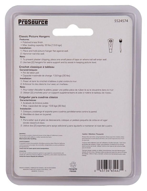 ProSource PH-122270-PS Picture Hanger, 30 lb, Steel, Polished Brass, Brass, Nail-In Mounting