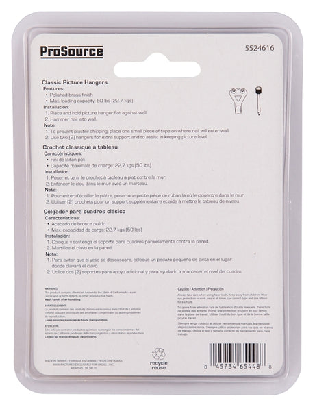 ProSource PH-122272-PS Picture Hanger, 50 lb, Steel, Polished Brass, Brass, Nail-In Mounting