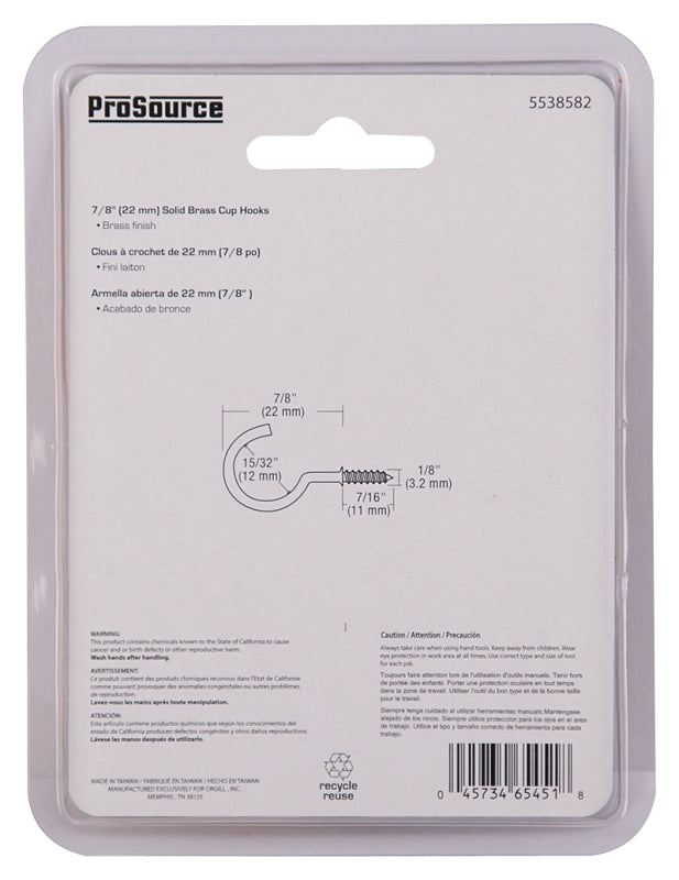 ProSource PH-122314-PS Cup Hook, 1/8 in Thread, 33 mm L, Brass, Brass Plated