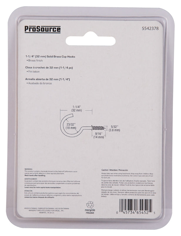 ProSource PH-122315-PS Cup Hook, 5/32 in Thread, 46 mm L, Brass, Brass Plated