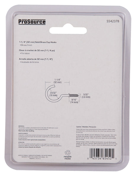 ProSource PH-122315-PS Cup Hook, 5/32 in Thread, 46 mm L, Brass, Brass Plated