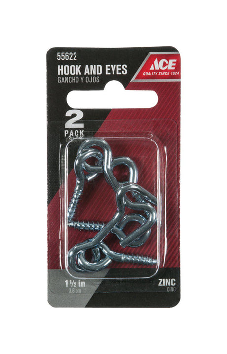 Ace Small Zinc-Plated Silver Steel 1.5 in. L Hook and Eye 2 pk, Pack of 5