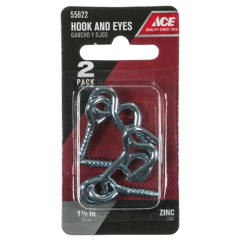Ace Small Zinc-Plated Silver Steel 1.5 in. L Hook and Eye 2 pk, Pack of 5