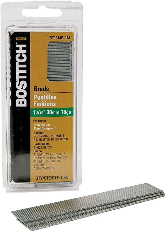 Bostitch BT1314B-1M Nail, Glue Collation, 1-3/16 in L, 18 Gauge, Steel, Coated, Brad Head, Smooth Shank, 1000/BX, Pack of 10