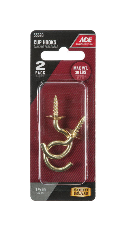 Ace Small Polished Brass Green Brass 1.875 in. L Cup Hook 30 lb 2 pk, Pack of 5