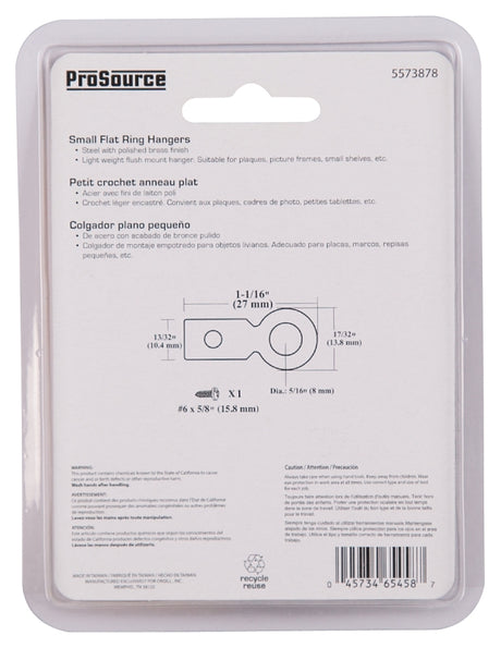 ProSource PH-122225-PS Frame Hanger, 6.5 lb, Steel, Polished Brass, Brass, Flush Mounting