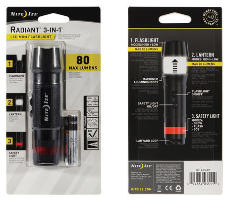 Nite Ize Radiant Series NL1B-01-R7 Mini Flashlight, AA Battery, Alkaline Battery, LED Lamp, 80 Lumens, 2 hr Run Time