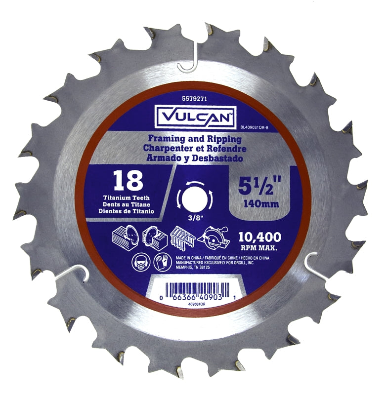 Vulcan 409031OR Circular Saw Blade, 5-1/2 in Dia, 3/8 in Arbor