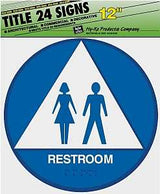 Hy-Ko T-24U Graphic Sign, Round, Triangle, REST ROOM, White Legend, Blue/White Background, Plastic, Pack of 3