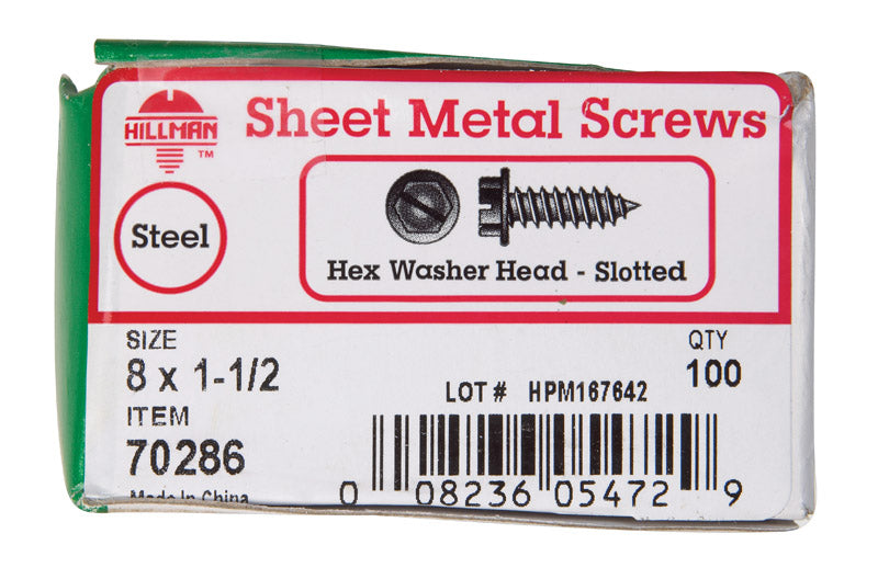 HILLMAN No. 8 X 1-1/2 in. L Slotted Hex Washer Head Sheet Metal Screws 100 pk