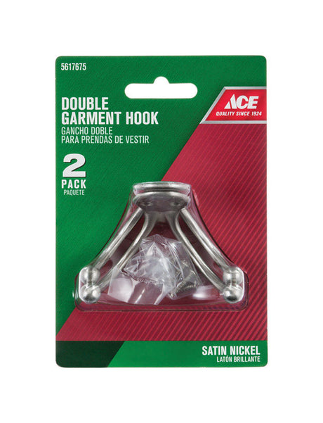 Ace 1 in. L Satin Nickel Silver Brass Small Double Garment Hook 2 pk, Pack of 5