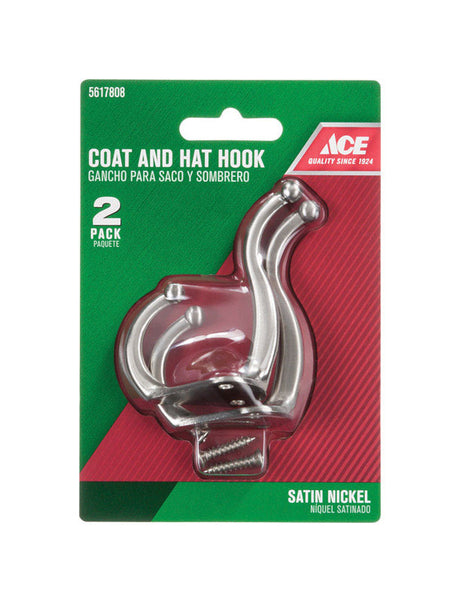 Ace 2-5/16 in. L Satin Nickel Silver Metal Small Coat and Hat Hook 2 pk, Pack of 5