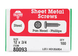 HILLMAN No. 12 X 3/4 in. L Phillips Pan Head Sheet Metal Screws 100 pk