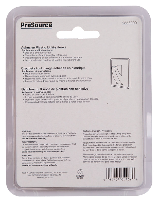 ProSource PH-122298-PS Utility Hook, 100 g, 1-Hook, Plastic, White, White