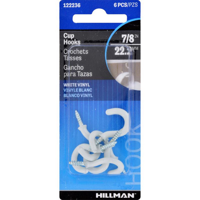 HILLMAN Small Vinyl Coated White Steel 7/8 in. L Hook 1 lb 6 pk, Pack of 10