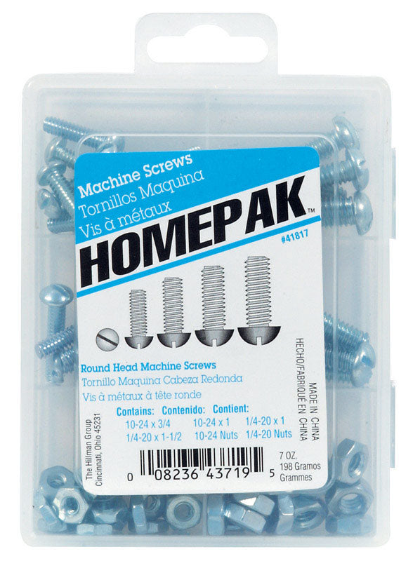 HILLMAN Homepak Assorted in. X 1 in. L Slotted Round Head Zinc-Plated Steel Machine Screws and Nuts, Pack of 5