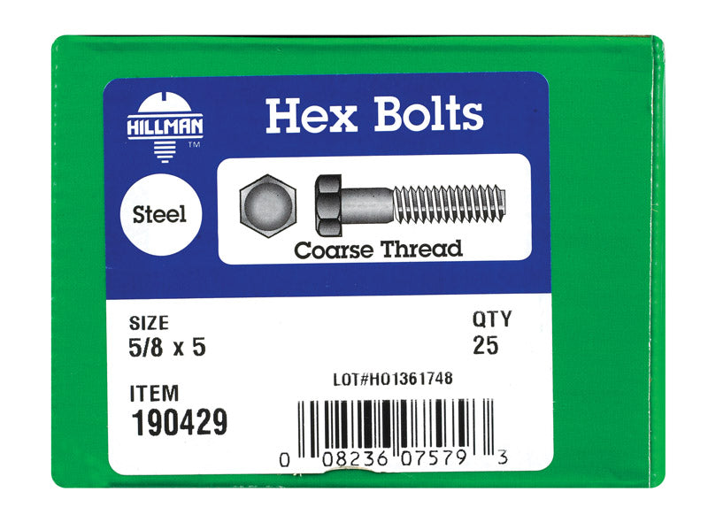 HILLMAN 5/8 in. D X 5 in. L Zinc Plated Steel Hex Bolt 25 pk