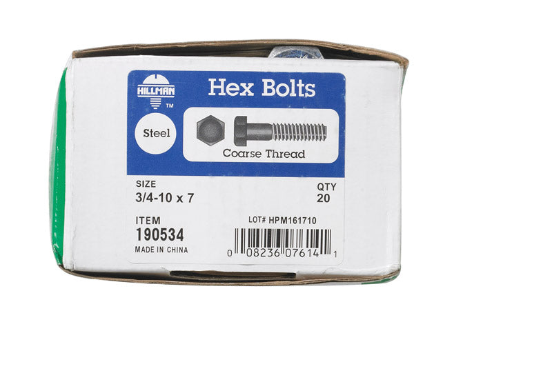 HILLMAN 3/4 in. D X 7 in. L Zinc Plated Steel Hex Bolt 20 pk