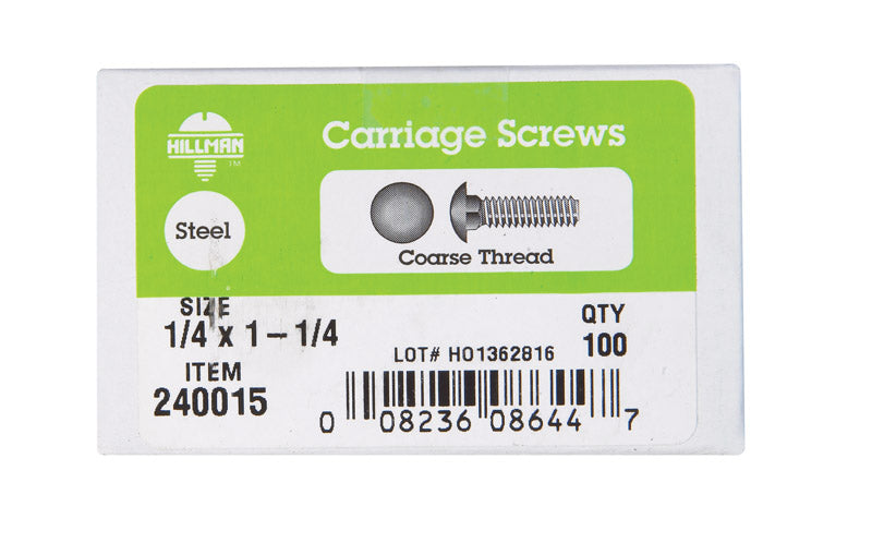 HILLMAN 1/4 in. X 1-1/4 in. L Zinc-Plated Steel Carriage Bolt 100 pk