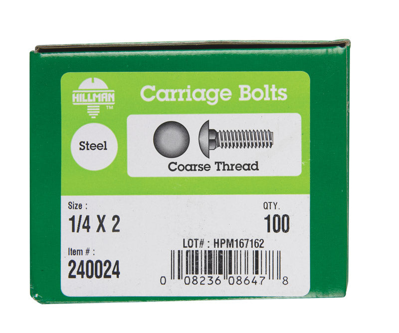 HILLMAN 1/4 in. X 2 in. L Zinc-Plated Steel Carriage Bolt 100 pk