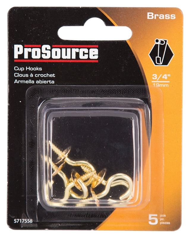 ProSource LR-383-PS Cup Hook, 5/16 in Opening, 3 mm Thread, 1-1/8 in L, Brass, Brass