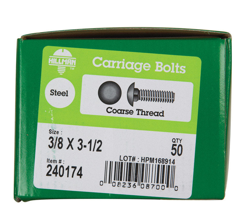 HILLMAN 3/8 in. X 3-1/2 in. L Zinc-Plated Steel Carriage Bolt 50 pk